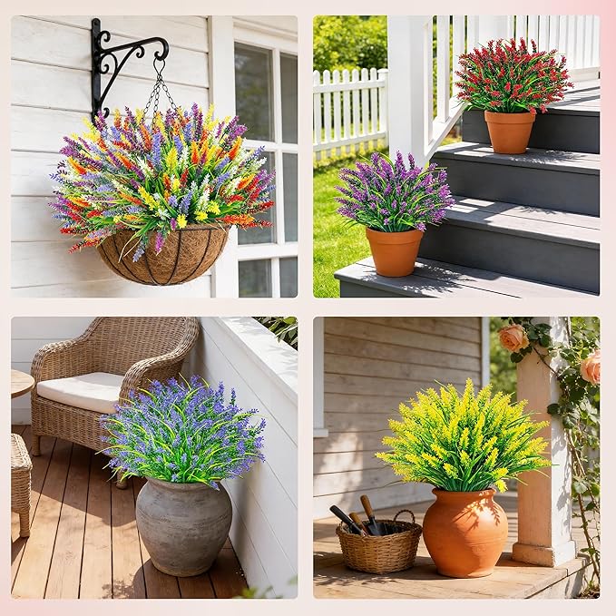 Der Rose 24 Bundles Artificial Flowers for Outdoors Fake Lavender Flowers UV Resistant Faux Plants Monkey Grass for Garden Porch Fence Patio Window Box Decor（Colorful）