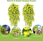 Artificial Hanging Flowers for Outdoors, 2 PCS UV Resistant Faux Silk 150 Morning Glory Each Trailing Vines, Fake Plants for Spring Outdoor Garden Planter Porch Patio Decoration, Yellow