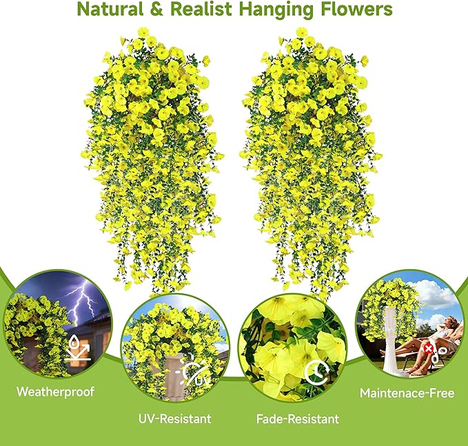 Artificial Hanging Flowers for Outdoors, 2 PCS UV Resistant Faux Silk 150 Morning Glory Each Trailing Vines, Fake Plants for Spring Outdoor Garden Planter Porch Patio Decoration, Yellow