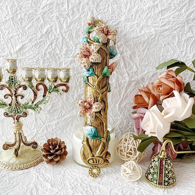 Hand-Painted Mezuzah, 9.5 Inches Large Mezuzah with Exquisite Enamel Design, Pomegranate Flower, and Scroll Included for Jewish Occasions