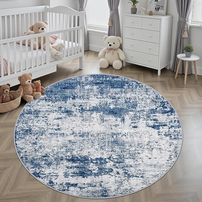 Round Area Rug for Living Room: 4 ft Washable Modern Abstract Soft Thin Rug Indoor Floor No Slip Stain Resistant Carpet for Bedroom Dining Room Farmhouse Nursery Home Office - Blue