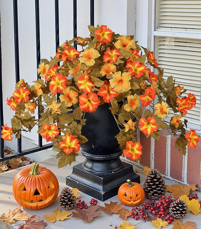 HyeFlora Artificial Fall Flowers for Outdoors Decoration 2PCS Autumn Faux Morning Glory Look Real Silk Flowers for Outside Planter UV Resistant Fake Flowers for Home Garden Balcony Yard Porch Deco