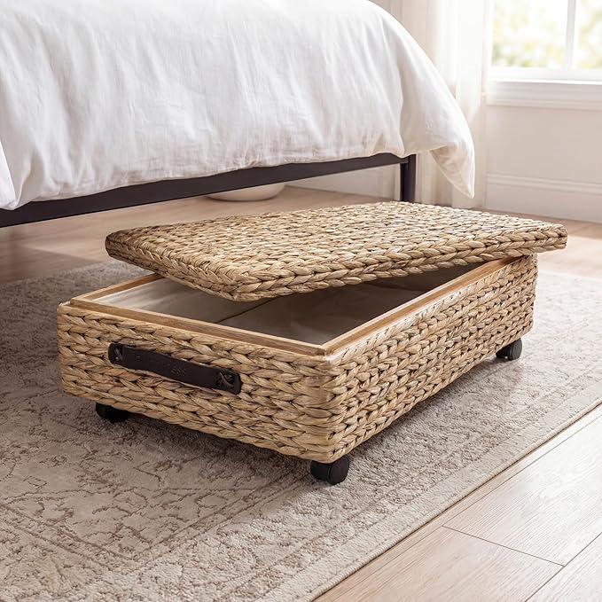 happimess BSK1006A 26.38" Chett Minimalist Hand-Woven Hyacinth/Wood Underbed Storage Bin with Wheels and Handles for Storage and Decoration in Bathroom, Bedroom, Closet, Entryway, Guest Room, Natural