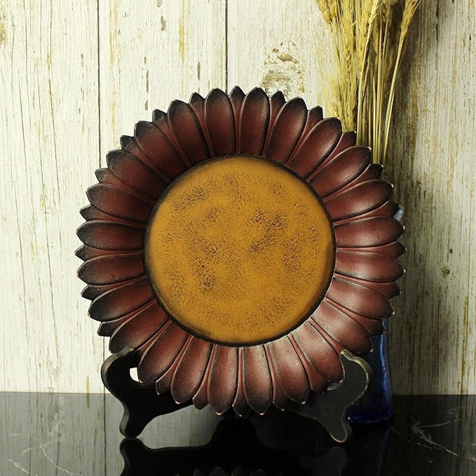 CVHOMEDECO. Sunflower Shape Country Vintage Display Wooden Plate Home and Office Decor Art, 11 Inch (Burgundy)