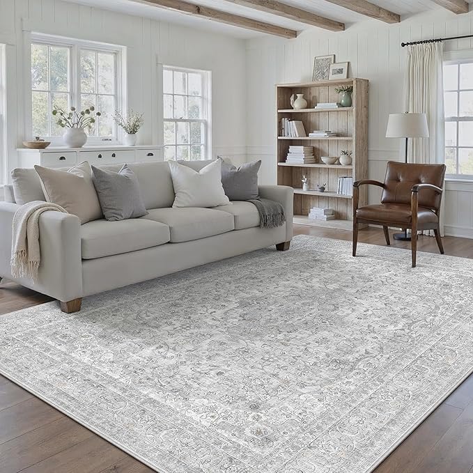 Gray Area Rug 6x9 for Living Room Washable Vintage Carpet Low Pile Non Slip Distressed Soft Traditional Retro Oriental Large Grey Accent Throw Rug Office Bedroom Dining Room Playroom