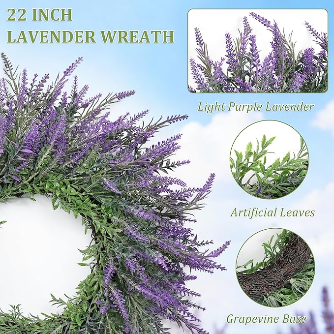 Summer Spring Wreaths for Front Door Artificial Lavender Wreath All Seasons Purple Lavender, Wreaths for Outdoor Indoor Wall Home Farmhouse Window Wedding Festival Decor