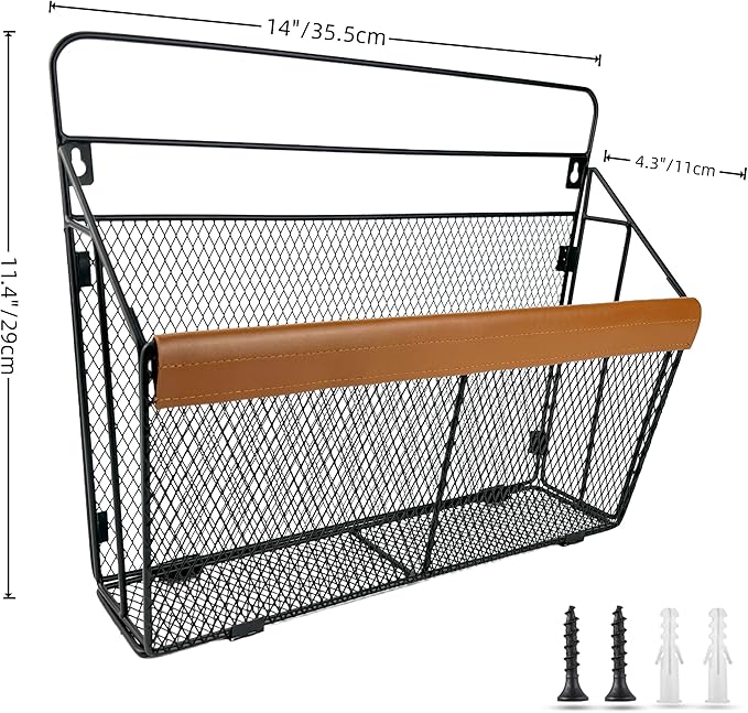 Wall Mounted Magazine Rack with Leather Trim, Decorative Art Wall Magazine Holder, Hanging Paper Organizer, Metal Wire Magazine Organizer for Home Office, 2 Packs