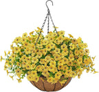 Artificial Faux Hanging Mums Plants Flowers Basket for Outdoors Summer Autumn Decoration,Hanging Planters with Fake Silk Daisy UV Resistant Realistic for Outside Porch Patio Balcony Garden Home Yellow
