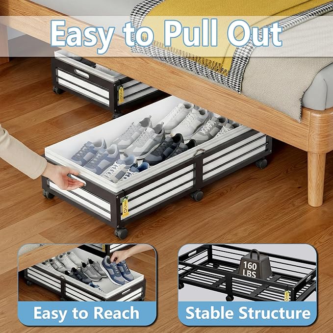 Under Bed Storage Containers with Wheels, Larger Bamboo Wood Under Furniture Storage Containers with Dust Bags，Rolling for Shoes Clothes