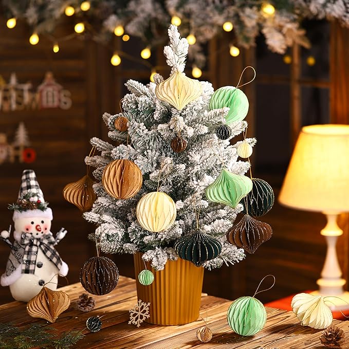 TecUnite 50 Pcs Christmas Paper Honeycomb Ornaments for Tree Vintage 3D Mini Glitter Edge Paper Christmas Ornament Honeycomb Tree Hanging Neutral Boho Holiday Xmas Party Decoration(Neutral)