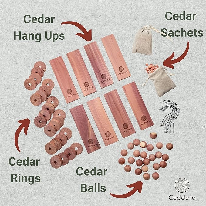 Essential Cedar Bundle | Natural Cedar Blocks for Clothes Storage | Eco Friendly Cedarwood for Closets | Moth Ball Alternative | 58 Total Pieces - 8 Hang Ups, 24 Rings, 24 Balls & 2 Sachets