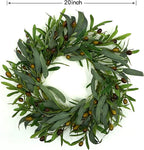 AMF0RESJ 20 inches Artificial Green Olive Wreath Greenery Wreath with Olive Leaves, Bean for Front Door Indoor Outdoor Farmhouse Home Wall Window Festival Wedding Decor, White Gift Box Included