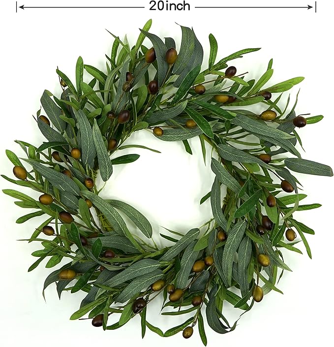AMF0RESJ 20 inches Artificial Green Olive Wreath Greenery Wreath with Olive Leaves, Bean for Front Door Indoor Outdoor Farmhouse Home Wall Window Festival Wedding Decor, White Gift Box Included