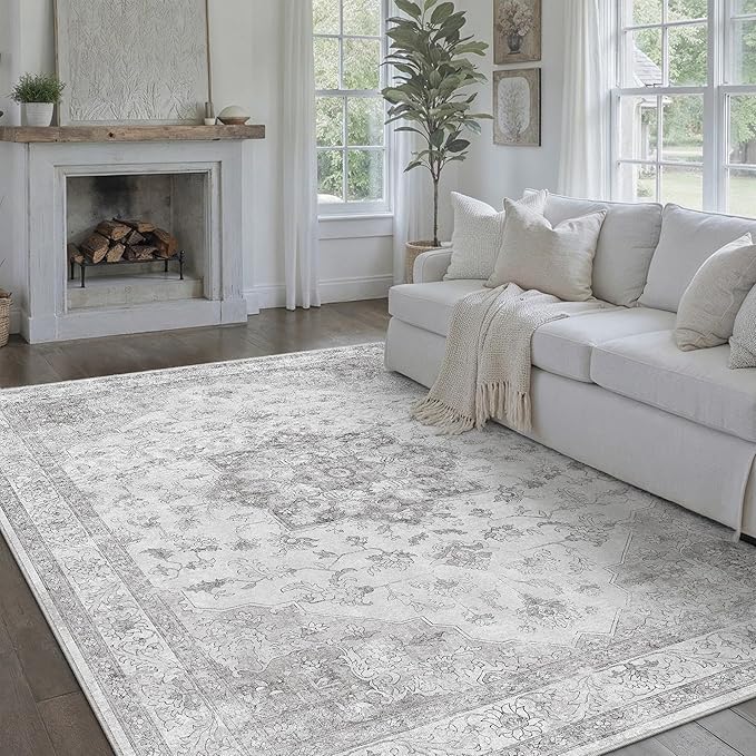 Gray Area Rug 9x12 Washable Living Room Carpet Vintage Non Slip Soft Bedroom Indoor Office Retro Grey Low Pile Thin Oriental Medallion Large Rug for Dining Room Bathroom Playroom