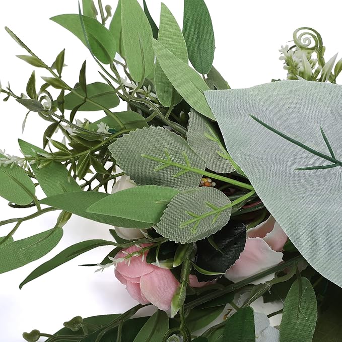 MSUIINT 25.6 Inch Artificial Rose Flower Swag with Green Leaves, Handmade Fake Plant for Front Door, Wedding Arch Flowers Spring Floral Swag, Wall Hanging Swag for Home Party Decor(Pink)