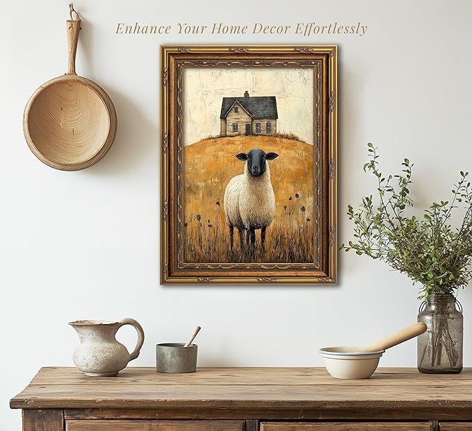 Vintage Gold Framed Wall Art Retro Country Sheep Oil Painting Canvas Prints Farmhouse Landscape Picture Wall Decor Rustic Farmhouse Animal Poster Artwork for Living Room Bedroom Bathroom, 16x24in