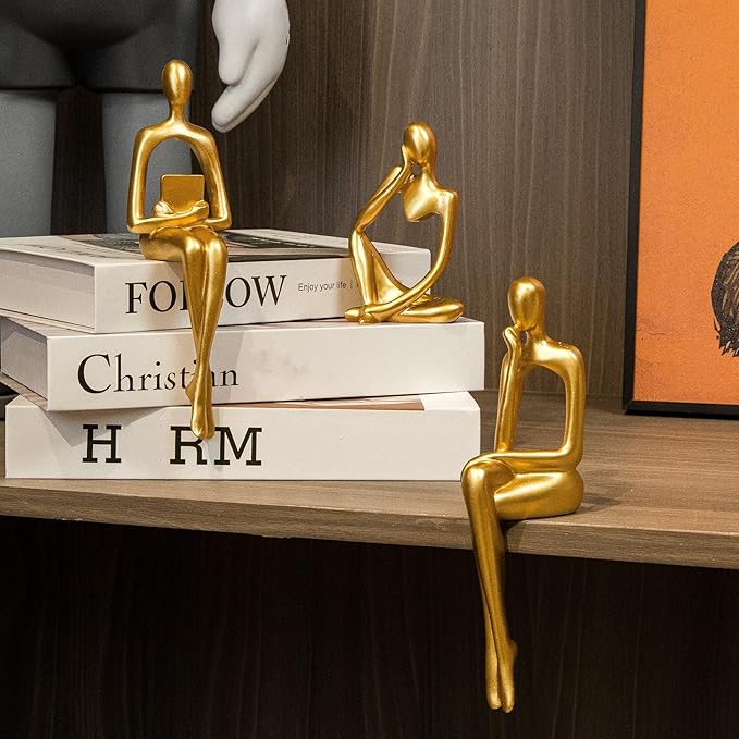 Prettidecor Gold Home Decor Thinker Statue Accents, Set of 3 Thinker Sculptures Office Decor Modern Abstract Resin Decoration on Shelf Table Desk for Living Room Office Bedroom (Gold, Large)