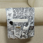 Brilliant Sunshine Grey Flowers Patchwork Couch Armrest 5 Pockets Organizer, Slip Resistant Recliner Armchair Caddy, Washable Remote Controls Holder, Storage for Magazine, Tablet, Phone, iPad, Grey