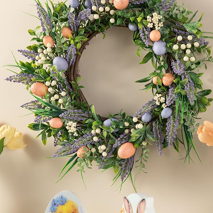 Glitzhome 22" D Easter Wreath with Artificial Easter Eggs Berries and Lavender for Front Door Wall Decor, Spring Easter Garland with Colored Eggs Berries Holiday Decoration