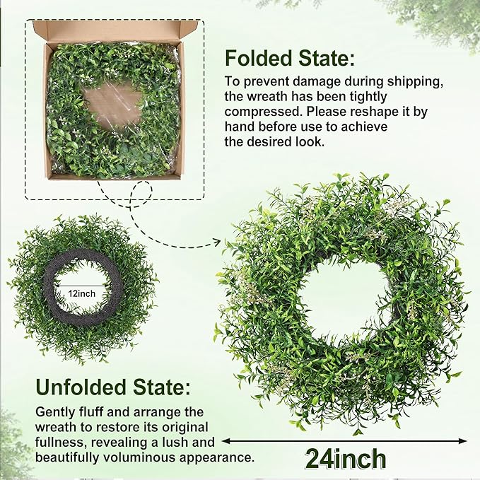24 Inch Summer Wreaths for Front Door Wreath Spring Outdoor Green Door Wreath for All Seasons Porch Wall Indoor Outdoor Living Room Bedroom Window Farmhouse Home Decoration