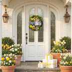 Valery Madelyn 24‘’ Collapsible Pre-lit Spring Summer Lemon Wreath for Front Door, Lighted Yellow Sunflower Wreaths with Hello Sign & Ribbon, Farmhouse Home Porch Wall Kitchen Amalfi Coast Decor