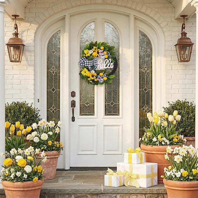 Valery Madelyn 24‘’ Collapsible Pre-lit Spring Summer Lemon Wreath for Front Door, Lighted Yellow Sunflower Wreaths with Hello Sign & Ribbon, Farmhouse Home Porch Wall Kitchen Amalfi Coast Decor