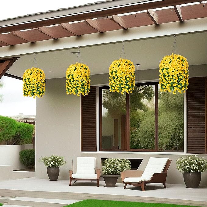 Artificial Faux Hanging Flowers Basket for Spring Summer Outdoor Porch Decor, Fake Silk Colorful Morning Glory Eucalyptus in Planter UV Resistant Look Real for Home Balcony Yard(Yellow)