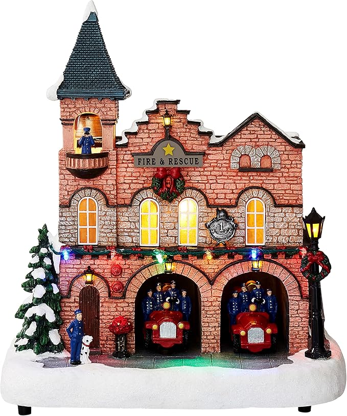 MOMENTS IN TIME Lighted Fire Station Christmas Village 12” Animated Building with LED Lights, 8 Classic Songs & Moving Fire Trucks Power Adapter Included Gift Ready Décor Holiday Display Piece