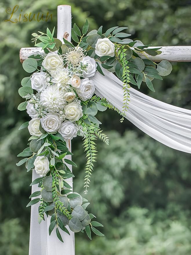 Lisuun Wedding Arch Flowers, Artificial Flowers for Decoration, 2pcs Flower Swag and 1 pcs Semi-Sheer Chiffon Table Runner Swag for Beautiful Dream Wedding Ceremony Floral Decor - Pack of 3
