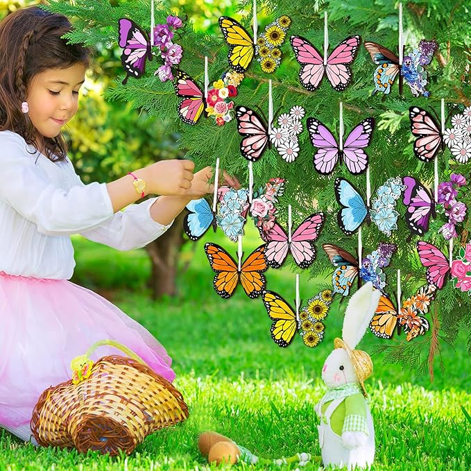 Geelin 36 Pcs Summer Wood Hanging Ornaments for Tree Mini Tree Decorations Hawaiian Beach Wooden Pendant Decorations with String for Luau Party Supplies(Butterfly)