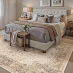 Brown 8x10 Area Rug Washable Vintage Living Room Carpet Non Slip Retro Distressed Low Pile Soft Oriental Medallion Thin Large Throw Rug for Office Bedroom Dining Room Playroom