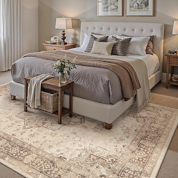 Brown 5x7 Area Rug Washable Vintage Living Room Carpet Non Slip Retro Distressed Low Pile Soft Oriental Medallion Thin Throw Rug for Kitchen Bathroom Office Bedroom Dining Room