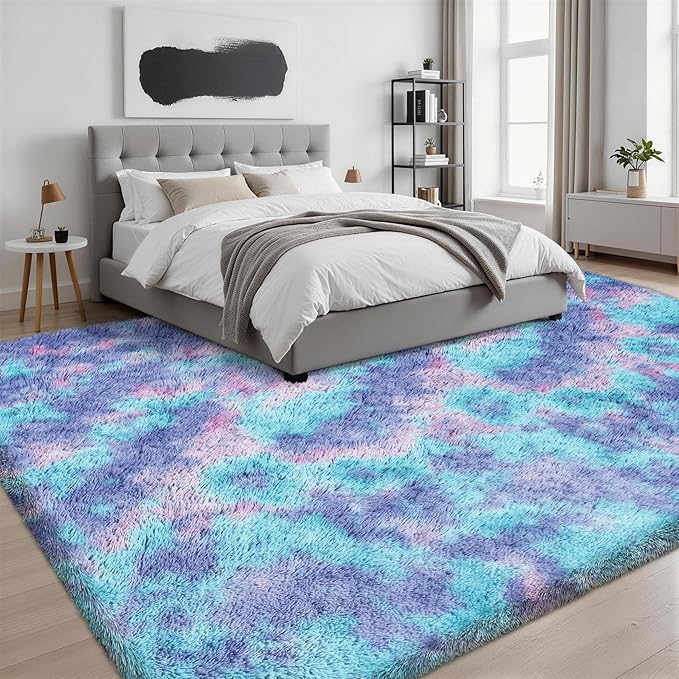 8x10 Area Rugs for Living Room Bedroom: Ultra Soft Fluffy Shag Rug Upgrade Non-Slip Non-Shedding Large Fuzzy Plush Carpet Indoor Floor Carpets for Kids Room Playroom Nursery Dorms Home Rainbow Purple