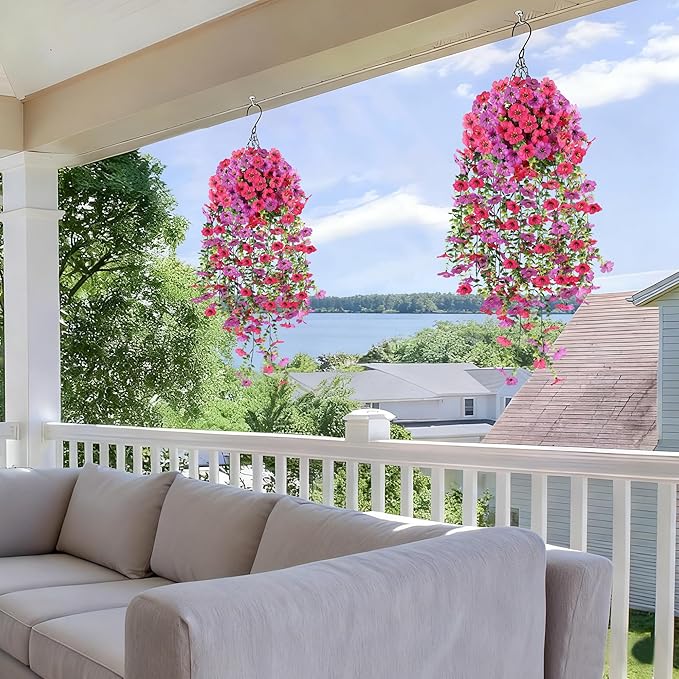 Artificial Hanging Flowers for Outdoors,No Fade 2 Bundles Fake Silk Flowers for Outside, Realistic Faux Plants Decorations for Hanging Baskets, Planters-Porch, Patio, Yard Decor