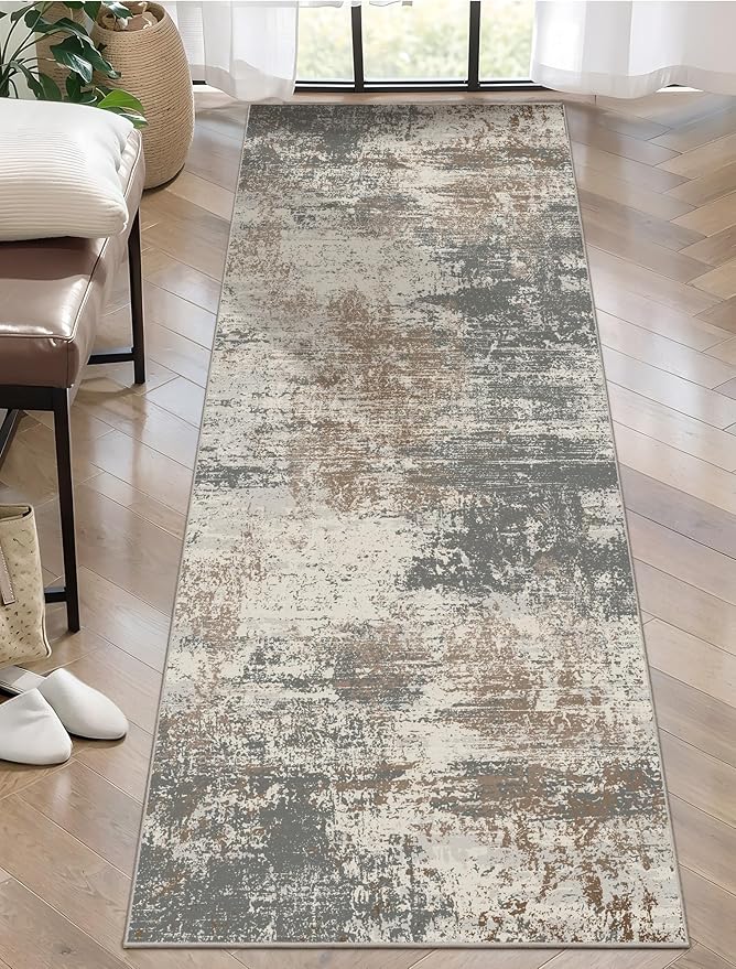 Ciicool 2x6 Washable Runner Rug, Modern Abstract Hallway Rugs Runner, Non-Slip Thin Accent Rug Lightweight Gray Brown Print Distressed Carpet for Laundry Entryway Bedroom Kitchen Bathroom Indoor