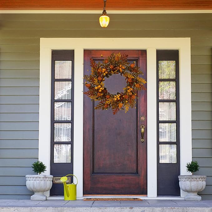 WreathDream 20 inch Fall Wreath Autumn Oak Leaves Wreath with Cape Gooseberry,Oak Leaf,Acorn,Berry,Pine Cone for Front Door Farmhouse Indoor Outdoor Festival Home Decor