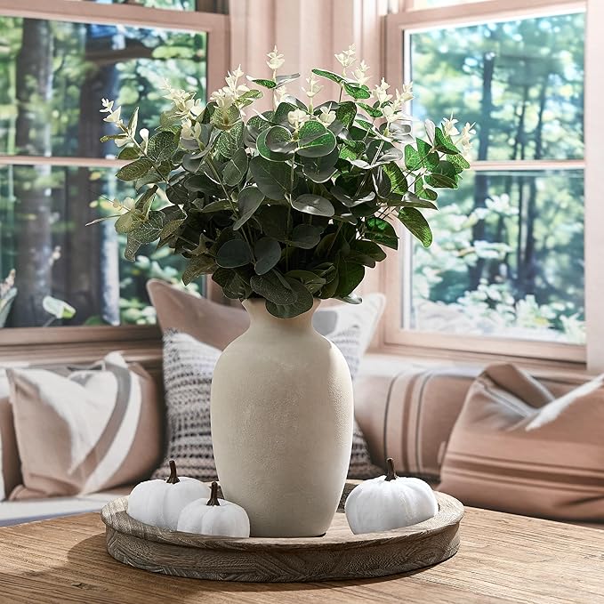 Ceramic Rustic Flower Vase, 8.38 Inch Vintage Pottery Home Decor, Farmhouse Terracotta Vase for Living Room, Table, Shelf, Mantel Decoration, Farmhouse - Off-White
