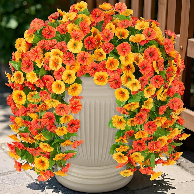 Artificial Flowers with Hanging Basket, Outdoor Faux Plants Silk Morning Glory Vines, Fake Green Arrangement for Garden Patio Spring Summer Decor(Orange)