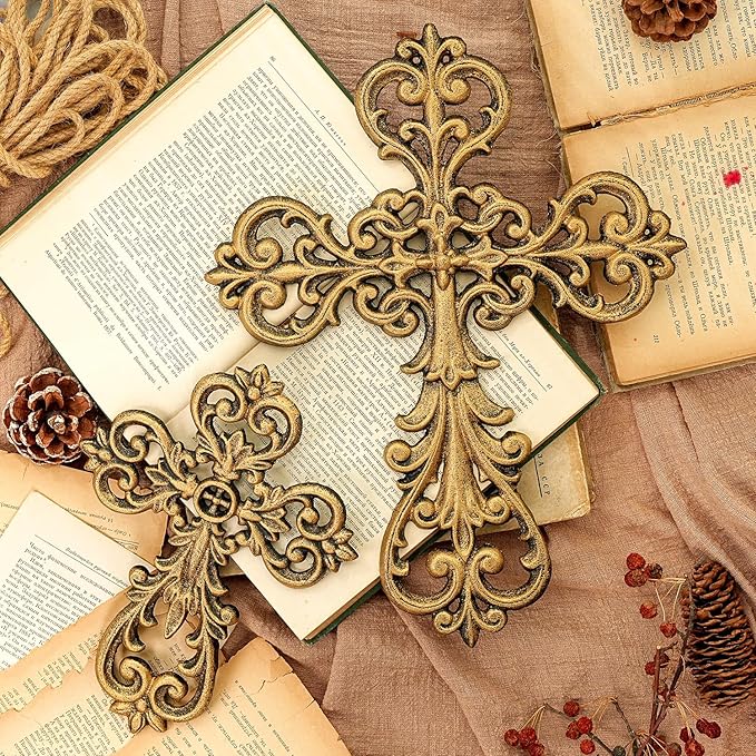 Sungmor Vintage Cast Iron Cross Wall Decor, 9.8" Tall Heavy Duty Rustic Gold Finish Wall Sculpture,Ornate Metal Art Farmhouse Home Decor