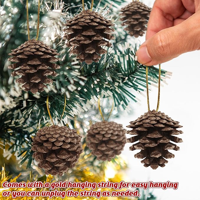 24 PCS Natural Pine Cones, 1.96 in Pinecone Ornaments, Rustic Pine Cones for Crafts, Winter Decorations for Home, Bulk Pines Cone with Gold String for Christmas Table Decor DIY Christmas Ornaments