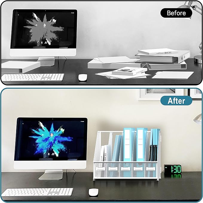 SUPEASY Desk Organizers Metal Desk Magazine File Holder with 5 Vertical Compartments Rack File Organizer for Office Desktop, Classroom, Home Workspace, White Plus