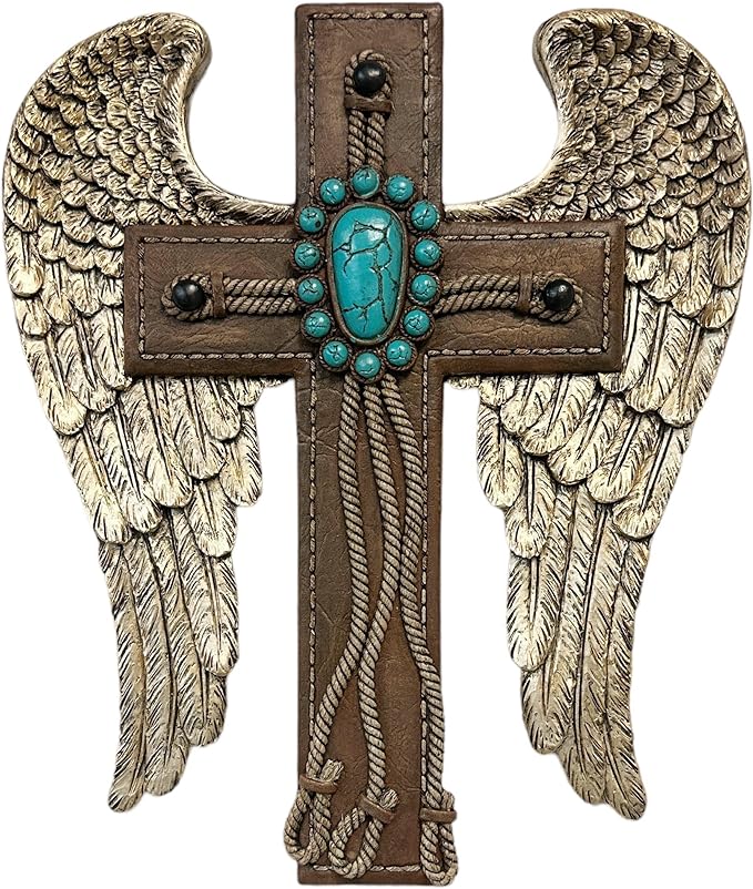 De Leon Collections 15630 Winged Cross Turquoise, Brown, and White 10 Inch Polyresin Rustic Distressed Decorative Home Décor Hanging Sculpture Wall Cross