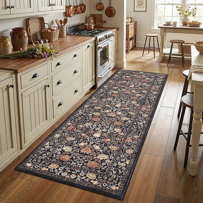 GarveeHome Brown Vintage Floral 2x6 Runner Rug Washable Kitchen Rugs Non Slip Black Boho Long Rug for Hallways Bedroom Entryway Bathroom Mat with Rubber Back