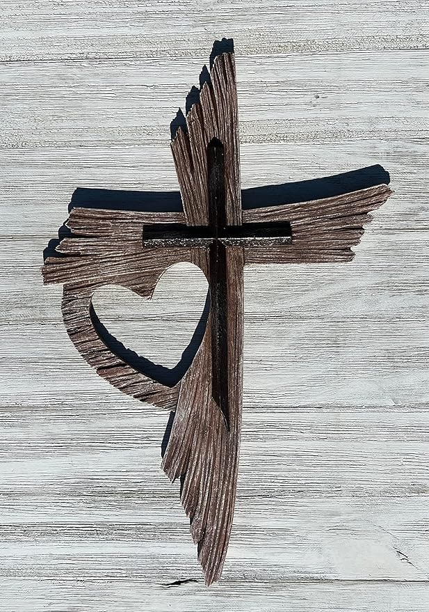 Top Brass Rustic One Love Decorative Heart Wall Cross - Multi Layered Weathered Wood Look Spiritual Jesus Art Sculpture