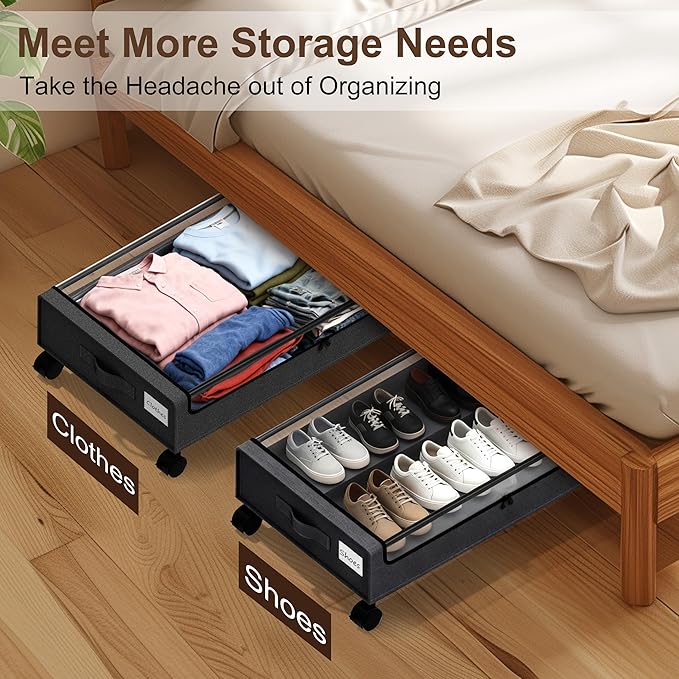 Under Bed Storage with Wheels - 2Pack 60L Underbed Storage Containers with Clear Lid & Label, Rolling Under Bed Storage Bins for Clothes, Shoes, Blankets (XL,Black)