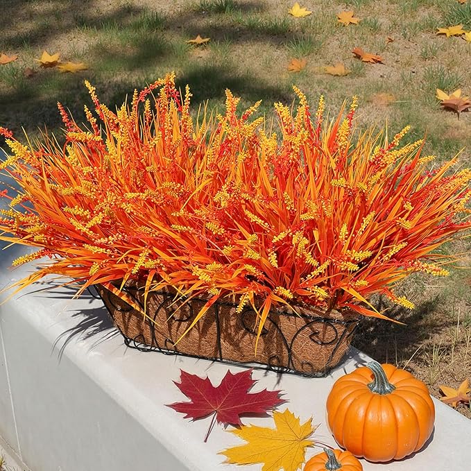 Artificial Fake Plants Flowers for Outdoors Fall Decor, 10 Bundles Fall Leaves Faux Lavender Flowers for Autumn Decoration, Fake Shrubs UV Resistant Planter for Garden Porch Balcony Home Patio Yard