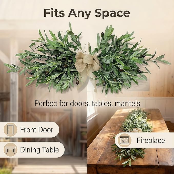 26" Farmhouse Olive Leaf Greenery Swag with Premium Burlap Bow, Realistic Faux Olive Branch Door Decor for Front Door, Wall, Mantel, Table, Kitchen, Bathroom, Weddings & Seasonal Styling, Green 2Pcs