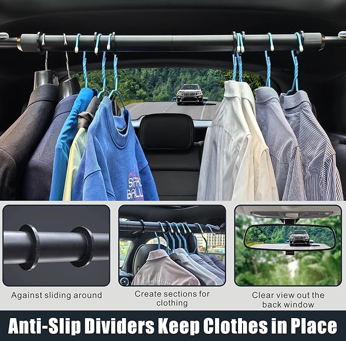 Car Clothes Hanger Bar Adjustable Garment Rack 30''-50'' Heavy-Duty Hanger Rod for Small or Medium Vehicles Travel Closet Black Metal Pole for Auto Clothing Organizers & Storage (Hold up to 120lbs)