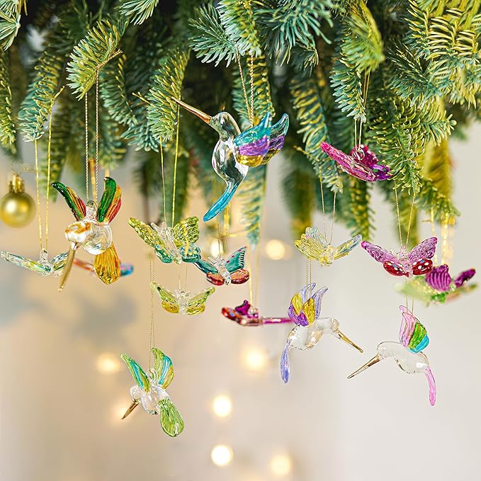 6Pcs Hand Blown Glass Hummingbird 1.3''*2.7'' Small Hanging Ornaments Crystal Humming Bird Figurines Collectible Decor for Home