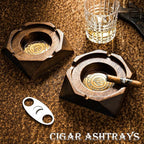 Wooden Cigar Ashtray Accessories for Cigarettes - Indoor Outdoor Patio Home Office Use - Quadrangular Wooden Brown Ash Tray Gift Set for Men Great Decor for Home Office or Bar